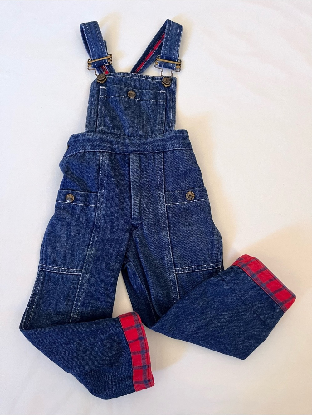 Vintage 80s 90s Happy Kids Denim Plaid-Lined Overalls
